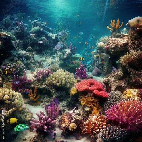 Fondo natural con detalle de rocas y corales de varios tonos, con peces tropicales
