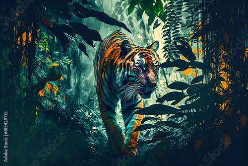 Captivating Bengal tiger stalking through dense jungle  double exposure style  vibrant stealth  vivid tropical tones  powerful site-specific artwork  balanced intensity  foliage. Generative AI
