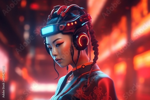 Illustration of a cyborg woman and Ai technology background , AI Generated. © kanate