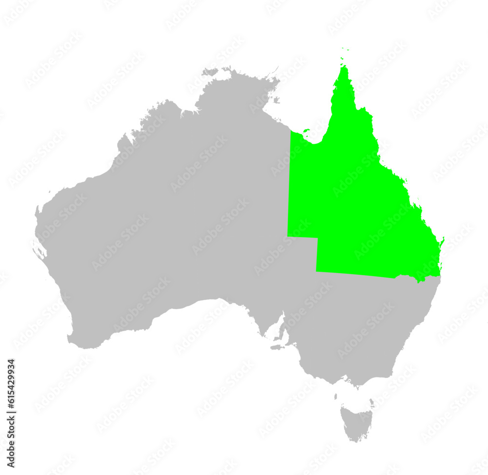 Vector map of the state of Queensland highlighted highlighted in bright green on a map of Australia.