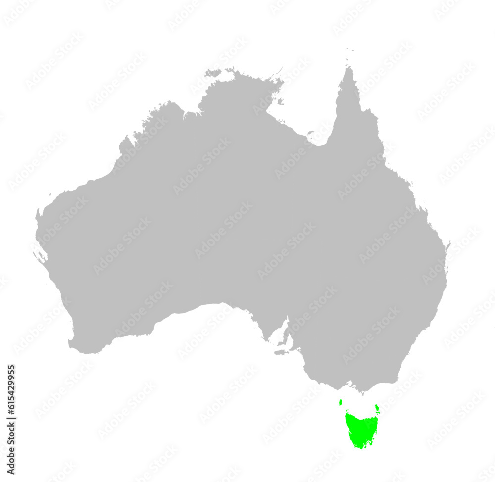 Vector map of the state of Tasmania highlighted highlighted in bright green on a map of Australia.