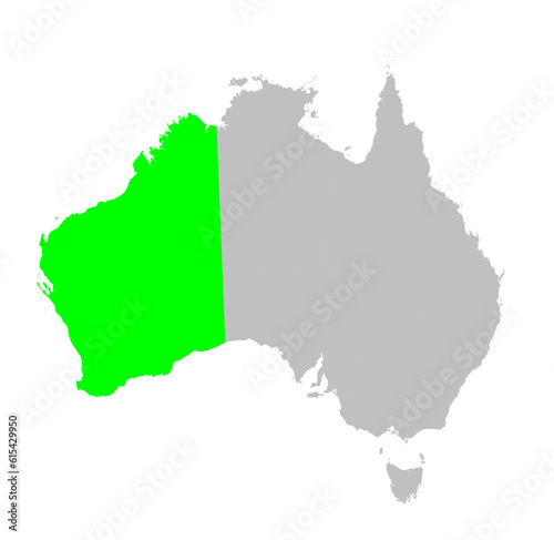 Vector map of the state of Western Australia highlighted highlighted in bright green on a map of Australia.