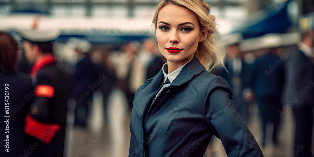 Woman working as a flight attendant in the background of the airport Generative ai Woman working as a flight attendant in the background of the airport Generative ai