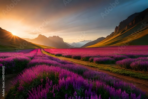 sunrise in a park of pink flowers an eye catching image generated from AI generative tools 