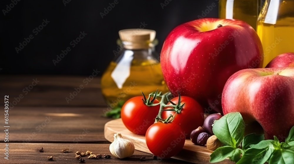 Close-up composition of fruits and vegetables. Many different fruits and vegetables. Generative ai. Close-up composition of fruits and vegetables. Many different fruits and vegetables. Generative ai.