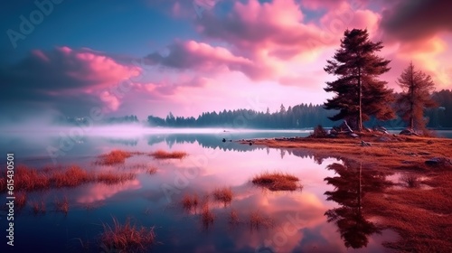 Stunning high-resolution photo for Earth Day: pristine mountains, green forests, a crystal clear lake reflecting the sky and mountains. A vast unspoilt landscape is recorded. Generative ai.