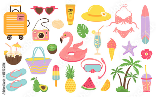 Summer beach set of icons. Cute cartoon stickers collection. Summer holiday, hello summer, beach party, relax concept.