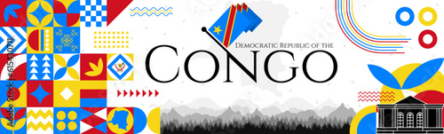 Democratic Republic of the Congo Independence Day abstract banner design with flag and map. Flag color theme geometric pattern retro modern Illustration design. Blue, yellow and red color template.