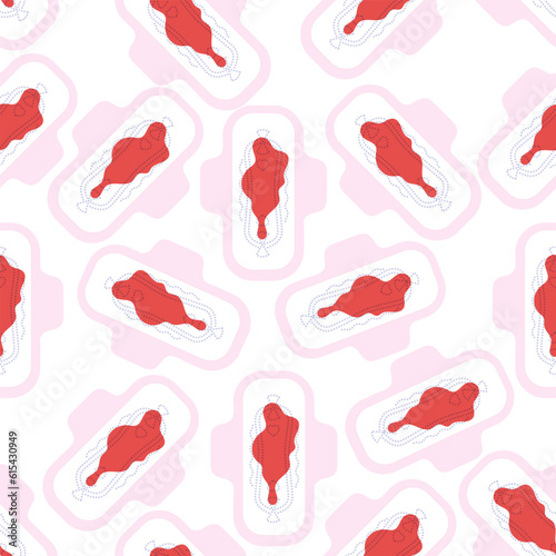 Seamless pattern with used female pad with blood on white background. Feminine hygiene. Personal hygiene item for menstruation. Used female pad with blood. Vector illustration.