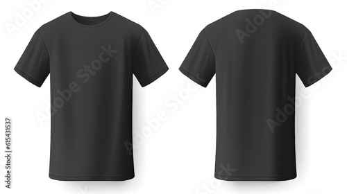 Front and back of black t-shirt on white background created with Generative AI