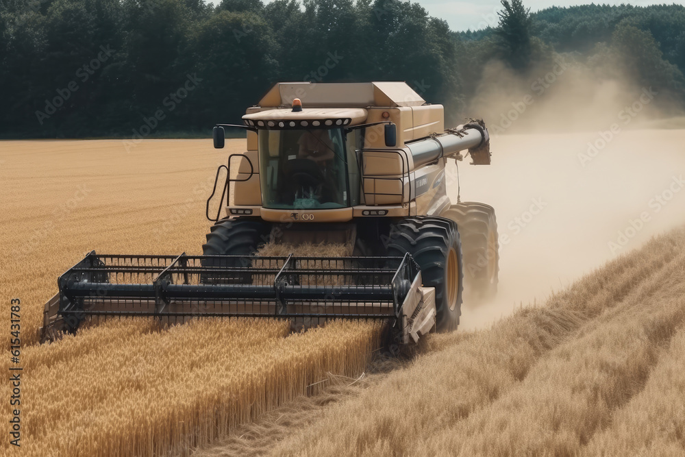 Fototapeta premium Combine harvester working on a wheat crop. Harvester machine to harvest wheat field working. Generative AI