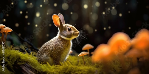 cat, dog, rabbit  at vibrant mushrooms autumn forest © Daunhijauxx