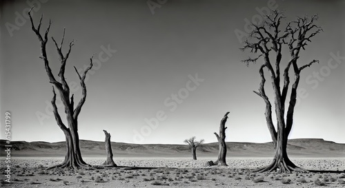 a black and white photo of dead trees in the desert, generative AI.