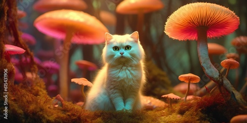 cat, dog, rabbit  at vibrant mushrooms autumn forest