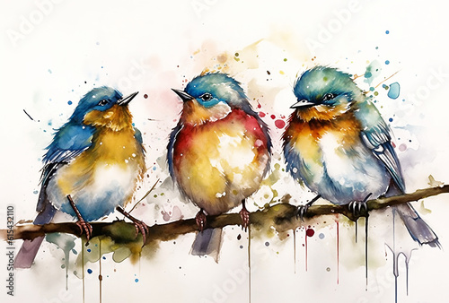 Watercolor painting of three little colorful birds perched on a branch. Generative AI.