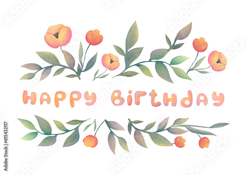 Εκτύπωση καμβά handwriting Lettering Happy Birthday Hand-drawn greeting card with flowers on transparent background