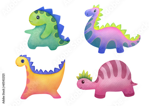 Hand-painted watercolor cute multicolored dinosaurs isolated on transparent background. set illustrations for childish books and encyclopedias about Mesozoic era  Jurassic  Cretaceous periods