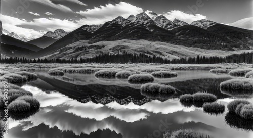 a black and white photo of a mountain lake, generative AI.