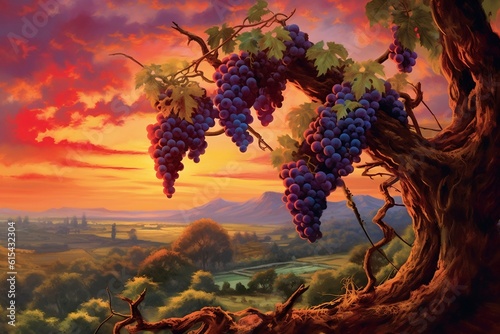 Painting: Grapes Hanging from Vineyard Tree Branch at Sunset. AI