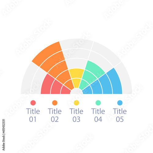 Semi circle infographic chart design template with five units. Diagram sections. Editable half round infochart with different values. Visual data presentation. Myriad Pro-Bold, Regular fonts used
