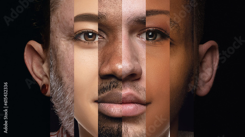 Human face made from different portrait of men and women of diverse age and race. Combination of faces. Concept of social equality, human rights, freedom, diversity, acceptance, standards