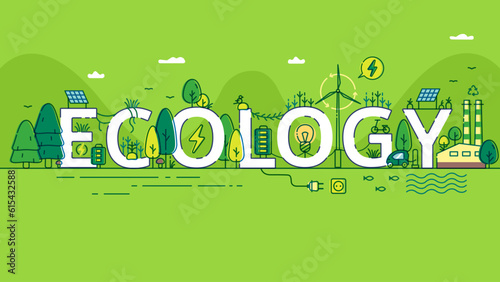 Horizontal Illustration Lettering Word Ecology on Green Background