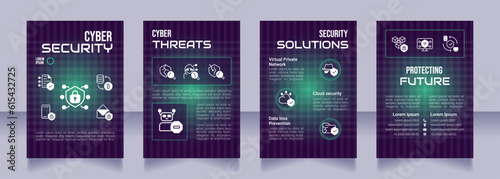 Cybersecurity purple premade brochure template. Computer science. Cybercrime prevention booklet design with icons, copy space. Editable 4 layouts. Bebas Neue, Audiowide, Roboto Light fonts used