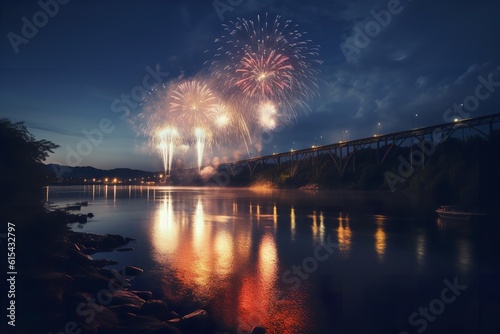 Spectacular River Night: Brilliant Blue, White, and Red Fireworks Display, Blue fireworks, White fireworks, Red fireworks, River night, Spectacular display, Celebration, Festivity, Fireworks show,
