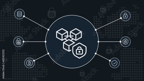 Blockchain security concept banner template. Crypto currency. Cyber attacks. Global financial network. Online transactions. Infographics on black background with icons. Editable vector illustration