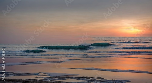 a sunset over the ocean with a wave coming in, generative AI.