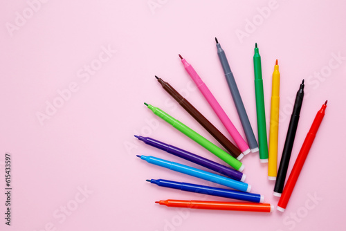 Set of multicolored felt-tip pens on pink background. Back to school. Flat lay. Copy space
