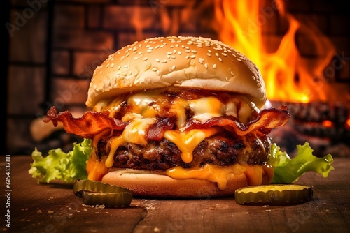 Burger with cheese, lettuce, sauce and bacon on a wooden board, fire in the background