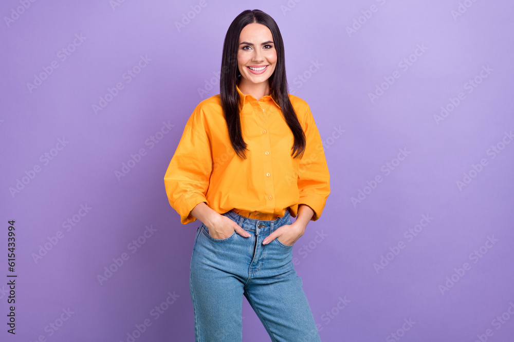 Photo of young business lady attractive human resources manager recruiter financial technologies company isolated on purple background Photo of young business lady attractive human resources manager recruiter financial technologies company isolated on purple background