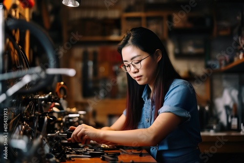 Enthusiastic Small Business Female Owner Repairing Cutting-Edge Bicycle. Generative AI.