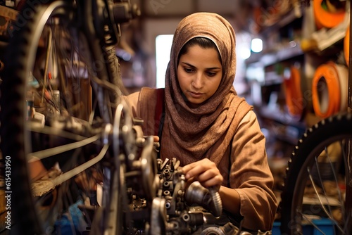 Enthusiastic Small Business Female Owner Repairing Cutting-Edge Bicycle. Generative AI.