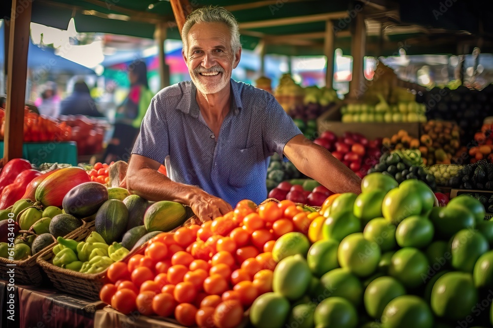 Fototapeta premium Small Business Owner at a Bustling Farmer's Market. Generative AI.