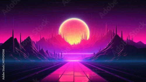 Background in retro style with neon colors. Futuristic aesthetics in the style of synthwave. Generative AI