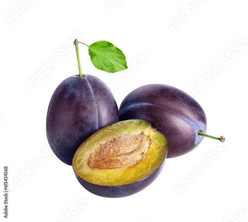 Plum fruits isolated on white or transparent background. Three fresh prunes whole and cut half with green leaves.