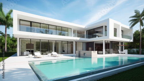 Luxury Minimalist Design Mansion house with Stunning Pool and Garden View. Generative AI © piai