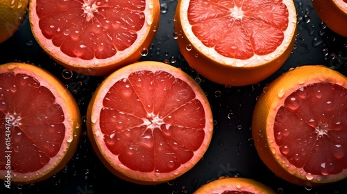 Overhead Shot of Grapefruits with visible Water Drops. Close up. 