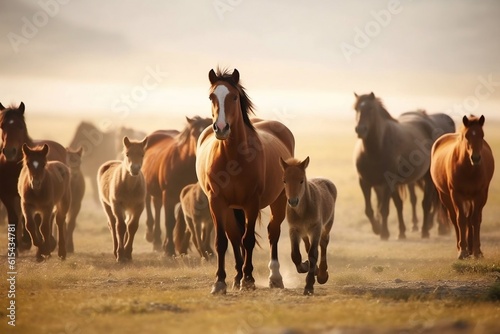 Herd of Horses with Newborn Foal at the Center. AI