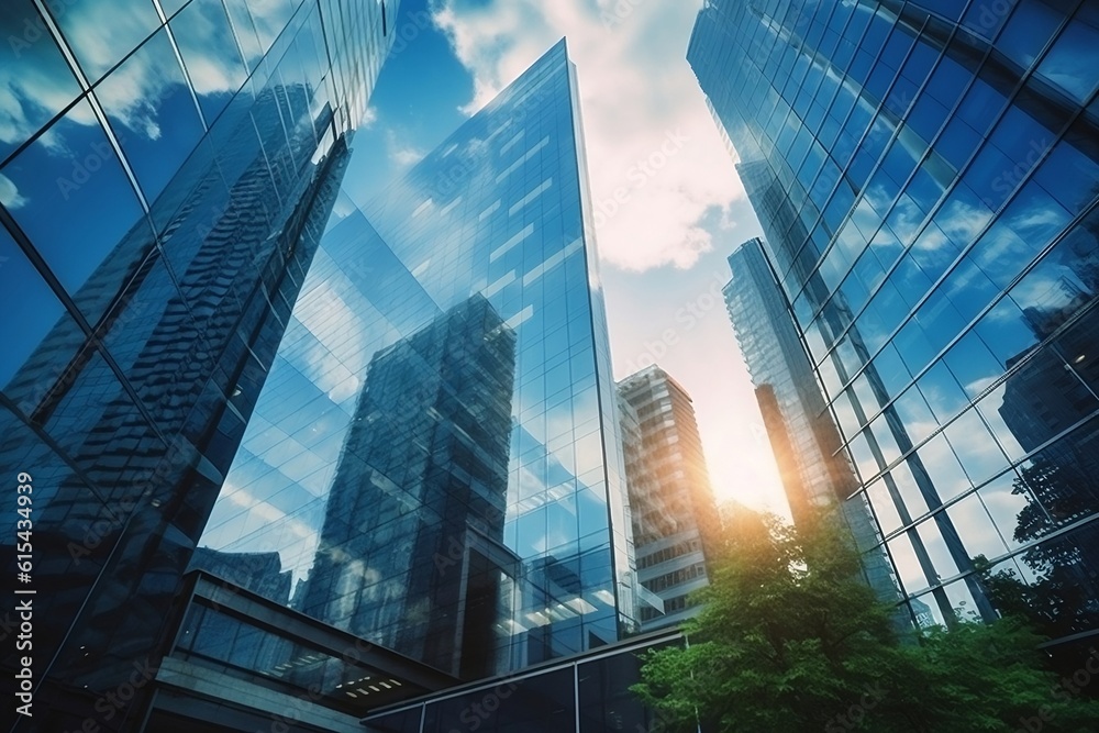 Modern Office Skyscrapers with Glass Exteriors: Captured from a Low-Angle View. AI