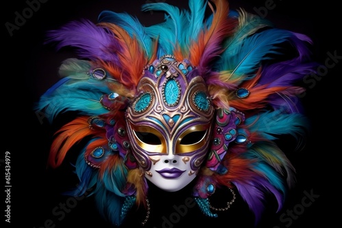 Mardi Gras Mask Adorned with Colorful Plumage. AI