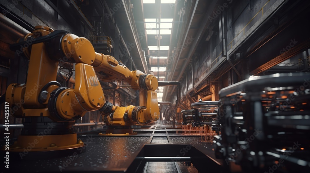Robot Arms in communication network concept. Industrial technology heavy automation machine in smart factory. Assembly Line Manufacturing.AI Generated