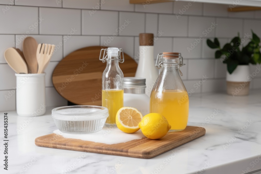 homemade cleaning products being used to clean kitchen countertop, created with generative ai homemade cleaning products being used to clean kitchen countertop, created with generative ai