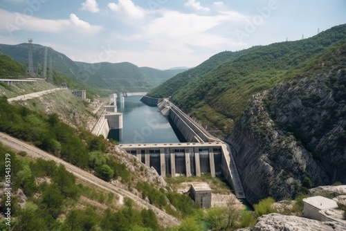 hydroelectric power plant with a barrage, or dam, and view of the valley below, created with generative ai