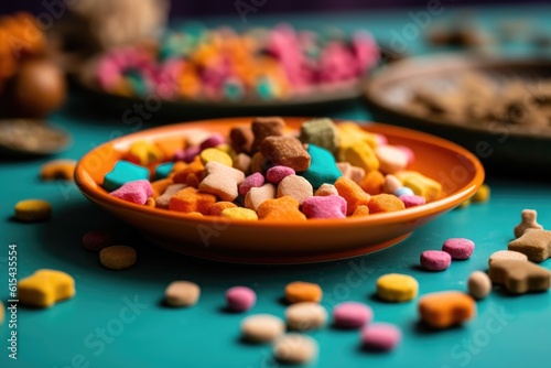 pet food and treats on colorfully designed plate, with close-up view, created with generative ai