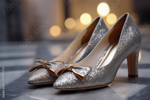 Luxury glamour woman`s shoes. Super photo realistic background, generative ai illustration.