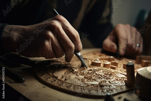 woodworker using precision tools to cut intricate design in piece of wood, created with generative ai photo