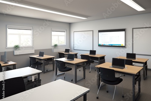 empty classroom setup with modern and sleek furniture, including computer monitors and whiteboards, created with generative ai